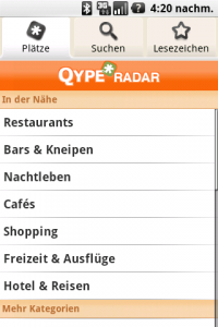 Qype Radar - Kategorie Auswahl (Quelle: Qype)