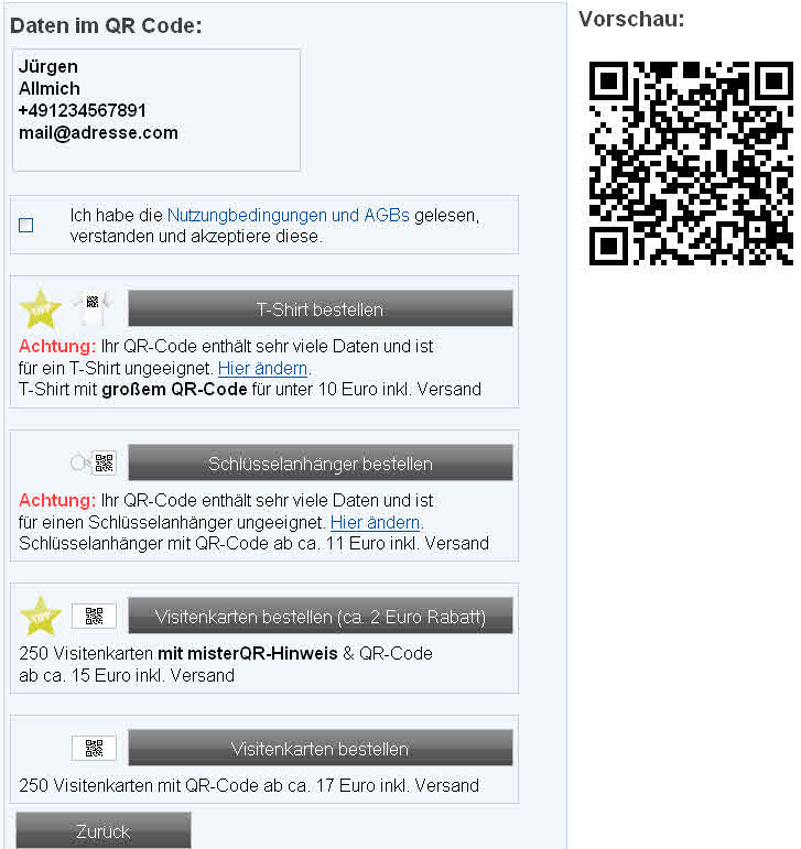 misterQR - Bestellung an vistaprint weiterleiten