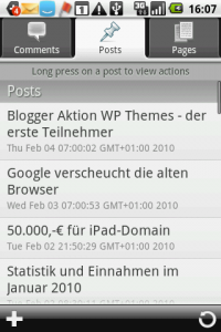 Wordpress for Android - Artikelübersicht