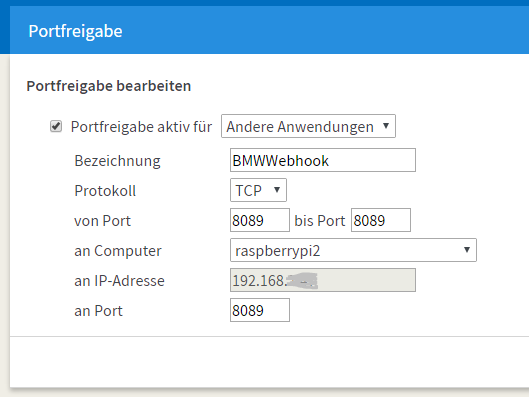 Portweiterlung in Fritzbox einrichten