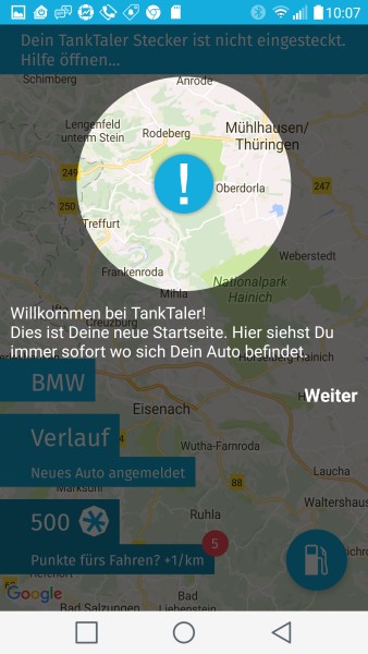 Startbildschirm der TankTaler App